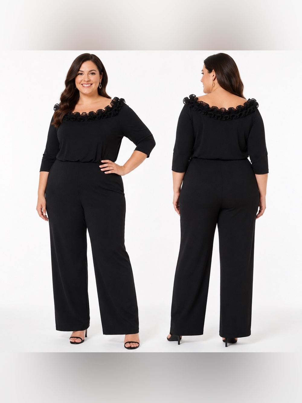 Adrianna Papell Black Off-the-Shoulder Ruffle Wide Leg Jumpsuit Evening Formal